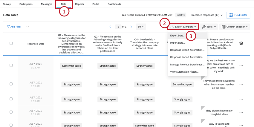 navigating to data and exporting data