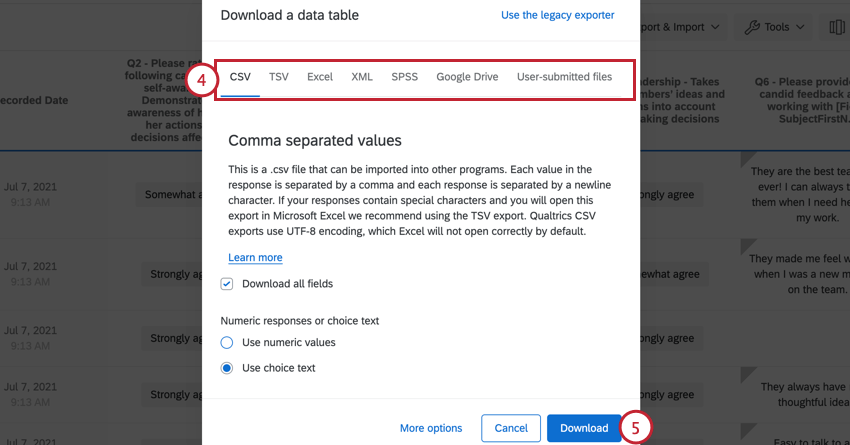 en choisissant le type de fichier et en cliquant sur télécharger
