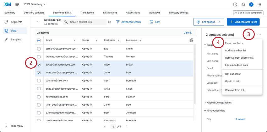 selecting multiple contacts in a ist then clicking export contacts under the three dots, not the list options button
