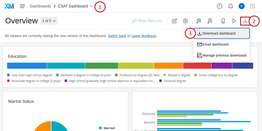 auf die Schaltfläche „Exportieren“ auf einem Dashboard klicken und „Dashboard auswählen