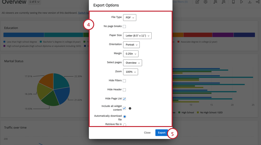 le choix des options dexportation et lexportation du tableau de bord