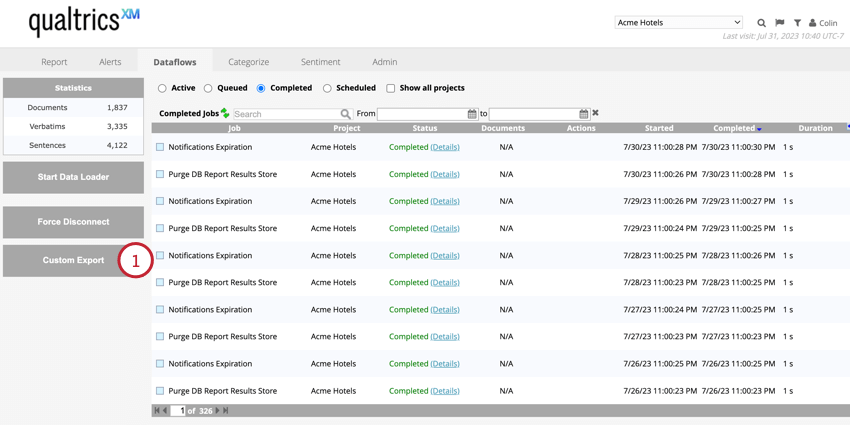 clicking Custom Export in the Dataflows tab