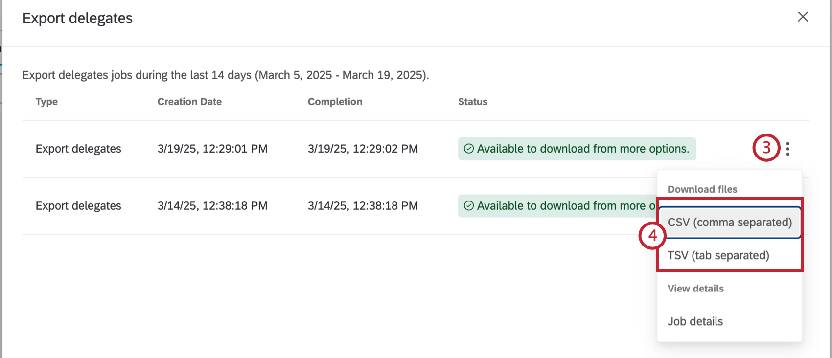 Opciones de exportación para delegados