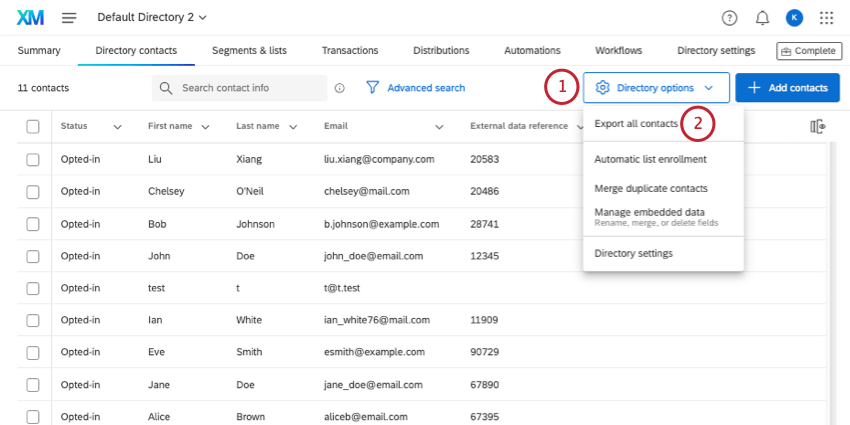 Selecting export all contacts from the directory options button