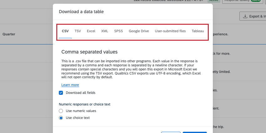 Nella parte superiore della finestra di download della tabella dati è presente una lista di formati di file: CSV, TSV, Excel, XML, SPSS, Google Drive, file inviati dallutente e Tableau
