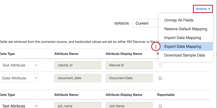 selecting export data mapping from the actions menu