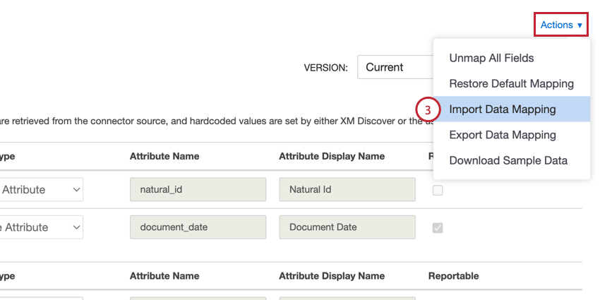 selecting import data mapping from the actions menu