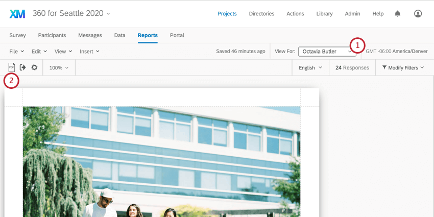 On the right in the toolbar, "view from" dropdown has a subject selected; next row down on toolbar of left, complete opposite side, PDF icon