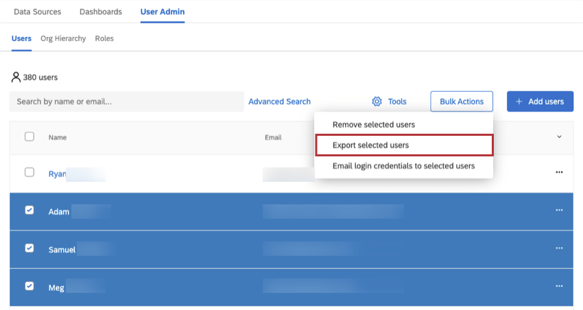 Selecting users and exporting them using the Bulk Actions option