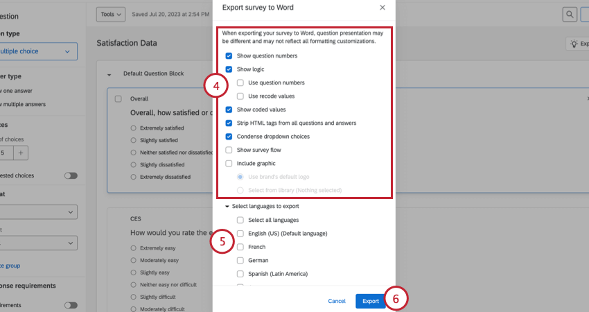 sélectionner des options dexportation et cliquer sur Exporter
