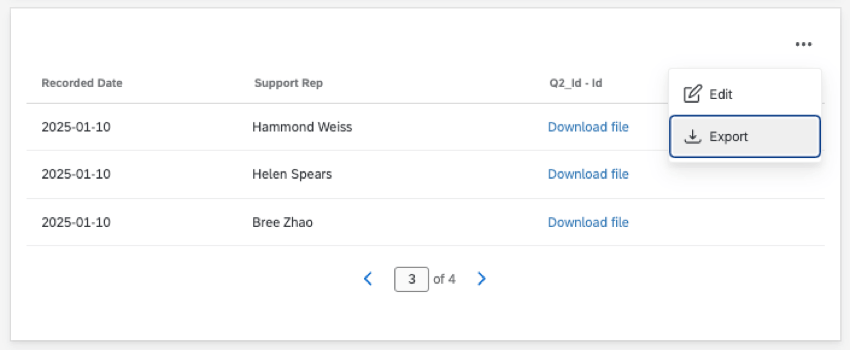 table widget, 3 dots clicked, menu appears with export as an option