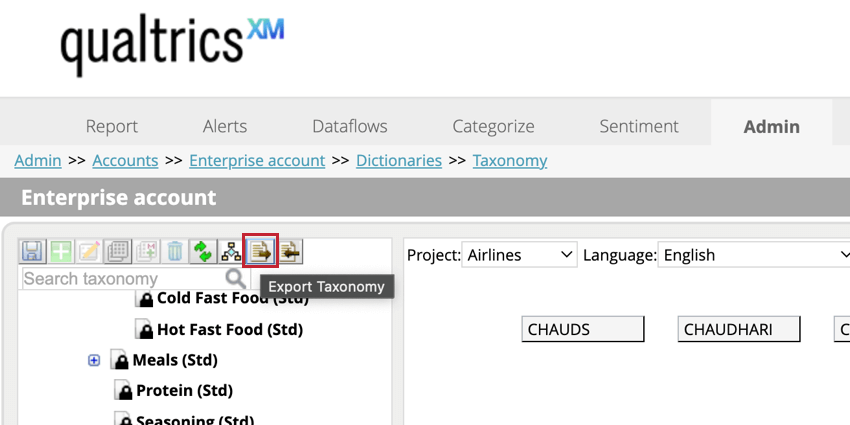 en cliquant sur le bouton dexportation des taxonomies