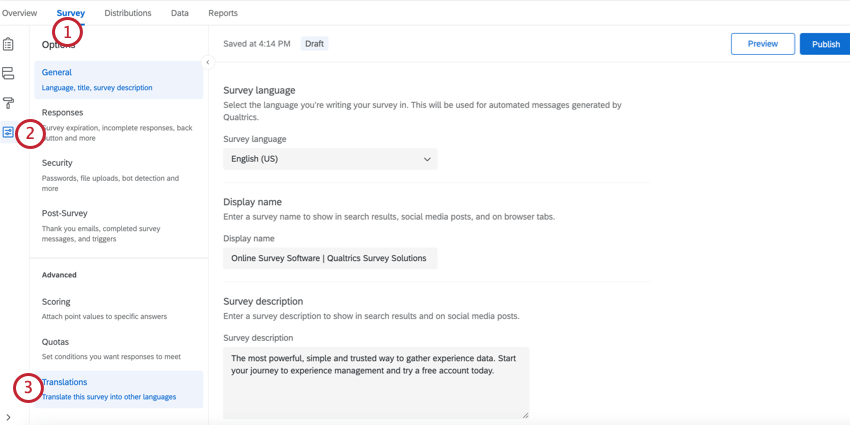 clicking survey, then survey options, then translations