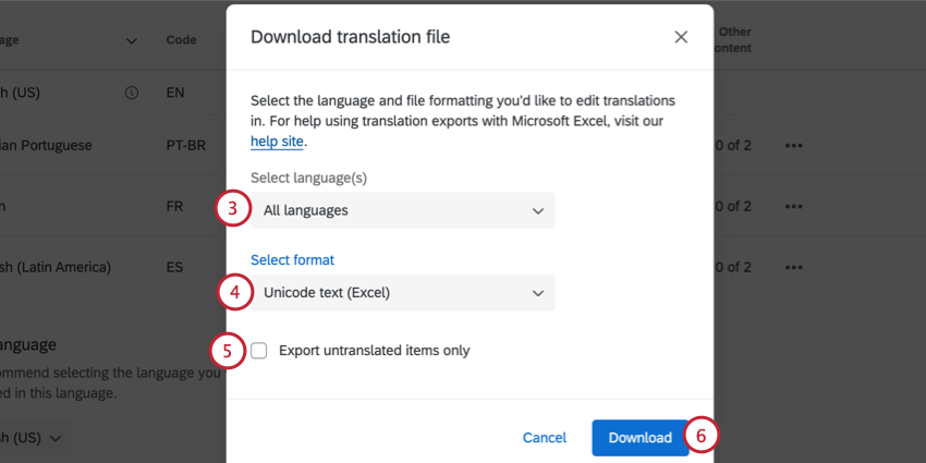 le choix des langues à exporter