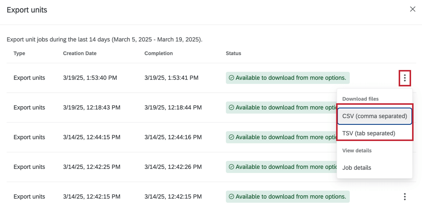 the export units option in the hierarchy tools dropdown