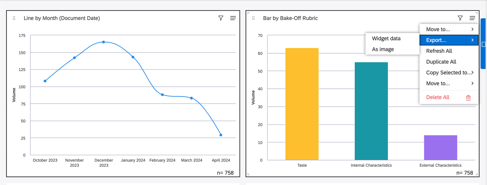 Deux widgets sélectionnés et un menu hamburger de widgets ouvert