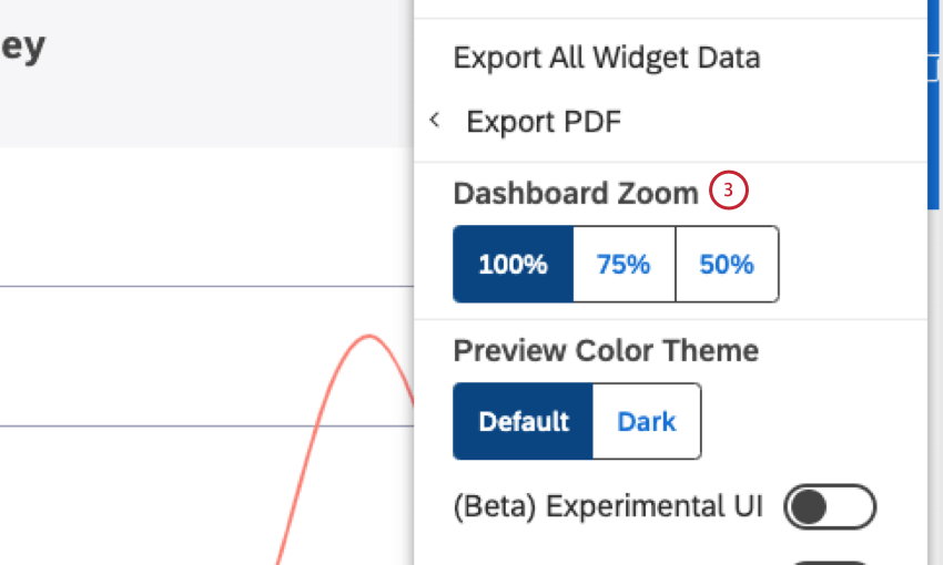Clique em 100%, 75% ou 50% para selecionar o nível zoom na seção Zoom Dashboard.