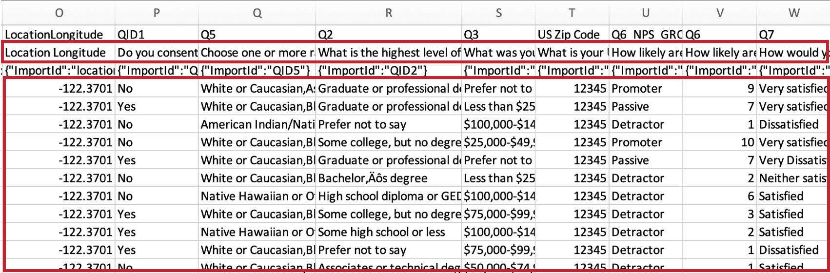 An exported data file that has the first row highlighted but the second and third scratched out