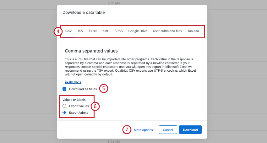 Menu Baixar tabela de dados com opções de formato e o botão Baixar