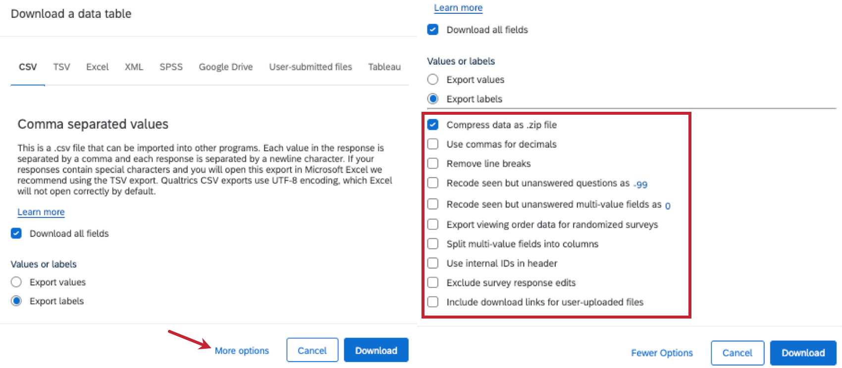 Janela Baixar tabela de dados expandida, com atenção às opções no canto inferior esquerdo e à modificação resultante