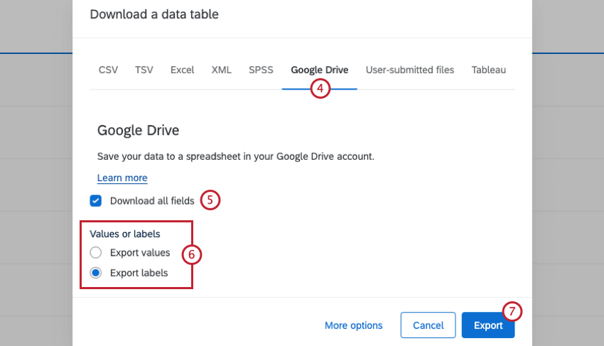 新しいウィンドウグーグルドライブのオプションが一番上にある。チェックボックスはさらに下へ。右下隅のエクスポートボタン
