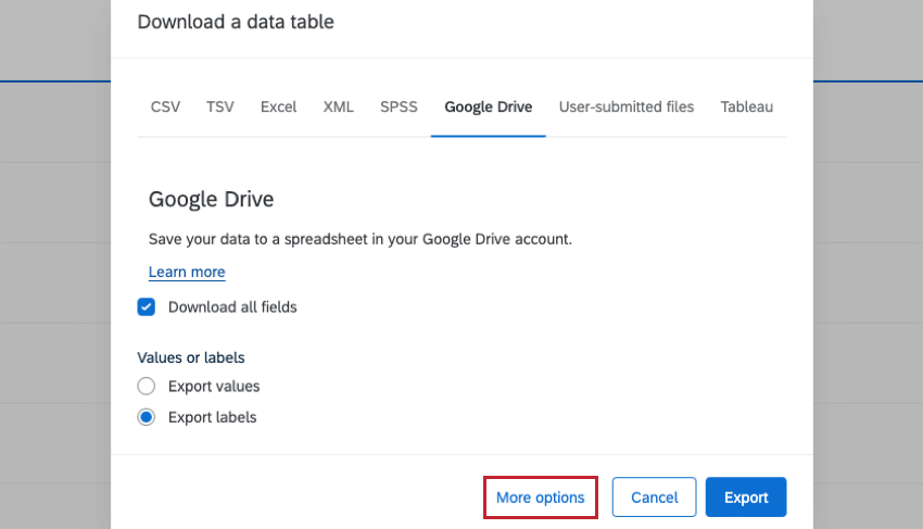 Fenêtre de téléchargement du tableau de données avec le lien "Plus doptions" en bas à gauche