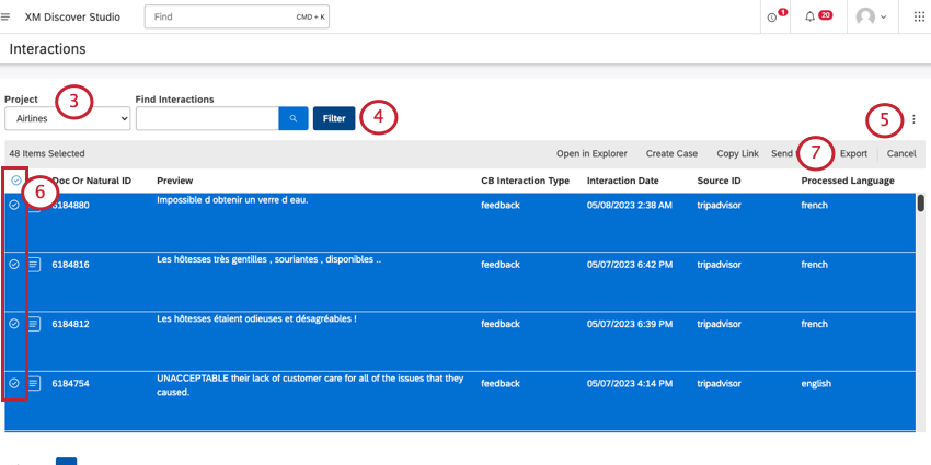 filtering for interactions, selecting them, then exporting them