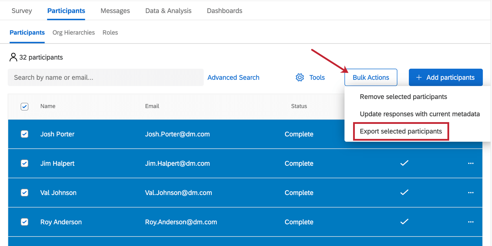 Image of selected participants and bulk actions button