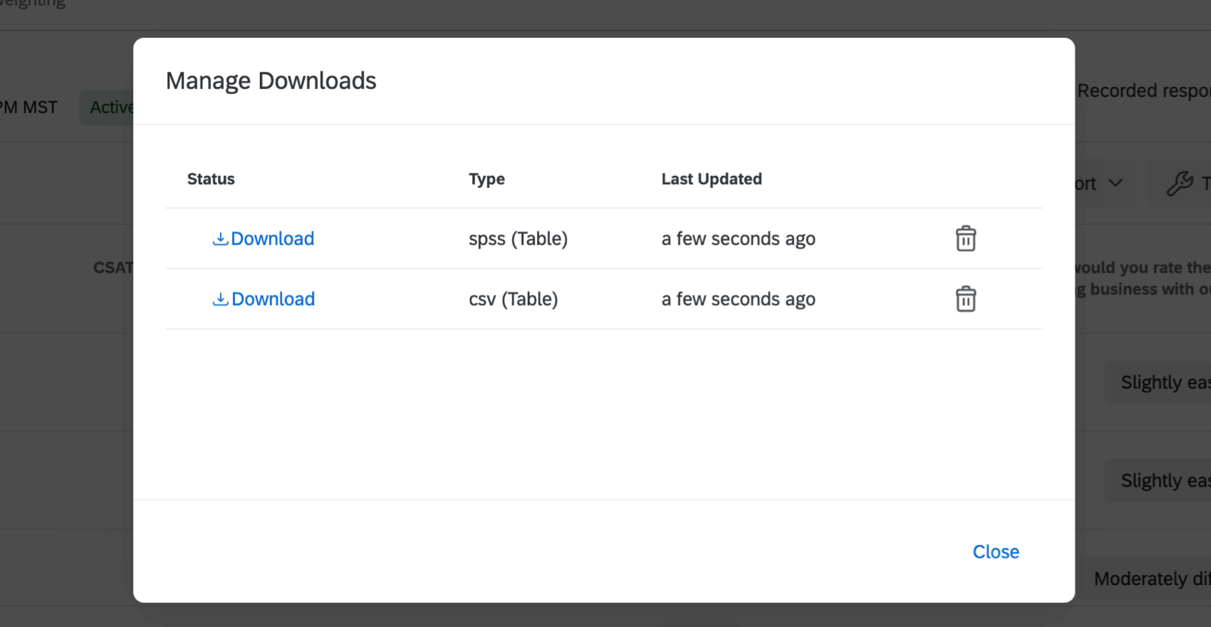 Menü „Downloads verwalten“ mit früheren Downloads, die erneut heruntergeladen werden können