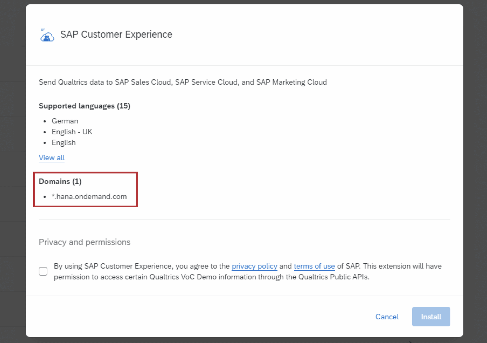 domini allinterno di unestensione SAP Customer Experience