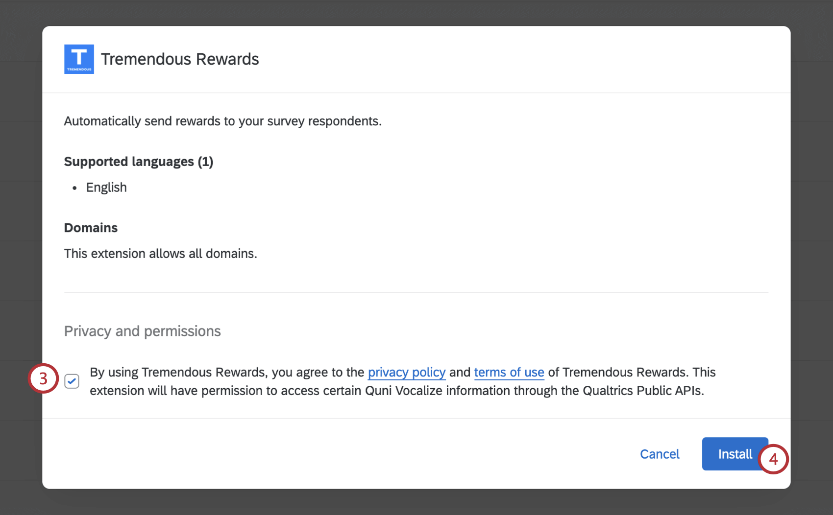 新しい拡張機能をインストールする際の条件ウィンドウ