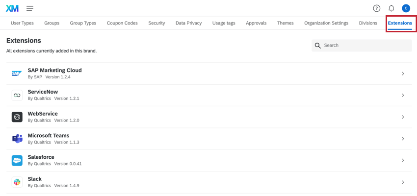 the extensions tab in admin