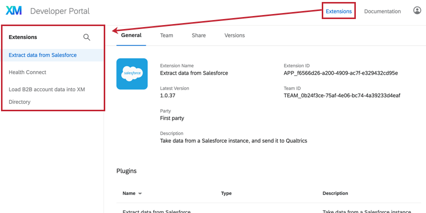 longlet "extensions" est accessible en haut à droite du portail des développeurs