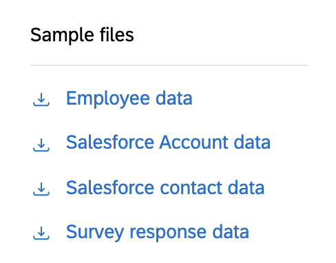Sample files: employee data, salesforce account data, salesforce contact data, survey response data