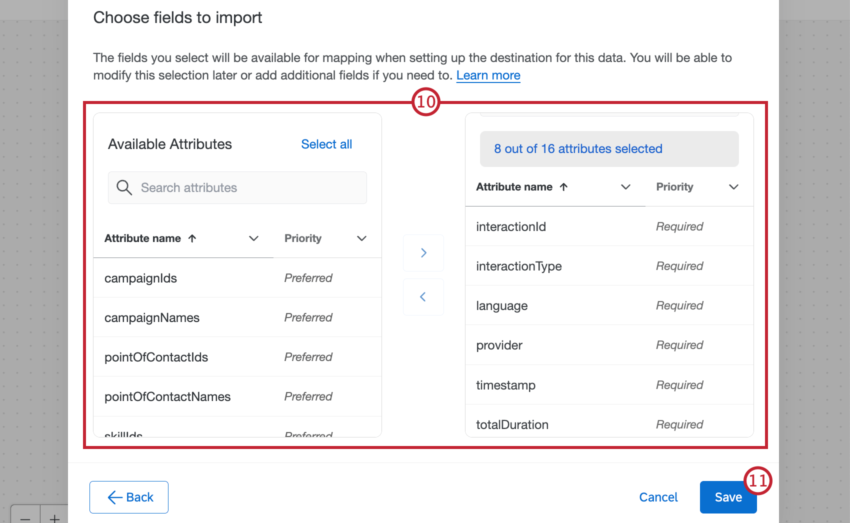 selecting which fields to import from nice