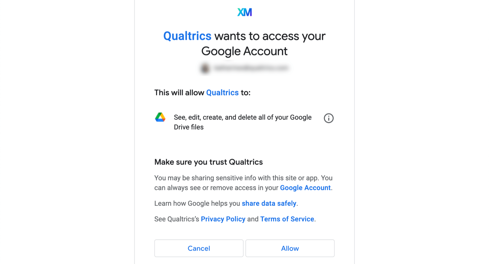 Berechtigungsbildschirm zum Zulassen von Qualtrics