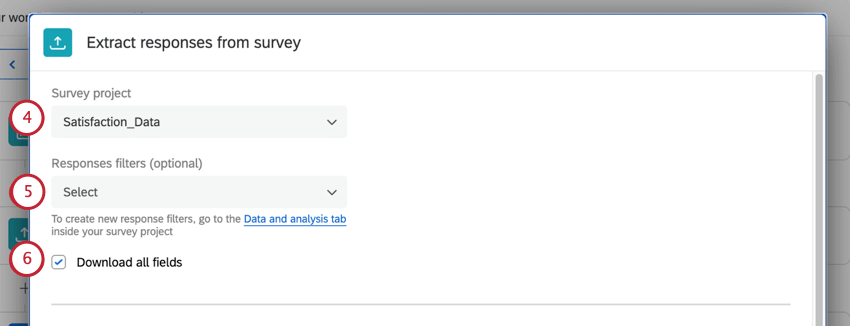 Screenshots von Umfrage, Antwortfiltern und Downloads aller Feldoptionen im Fenster
