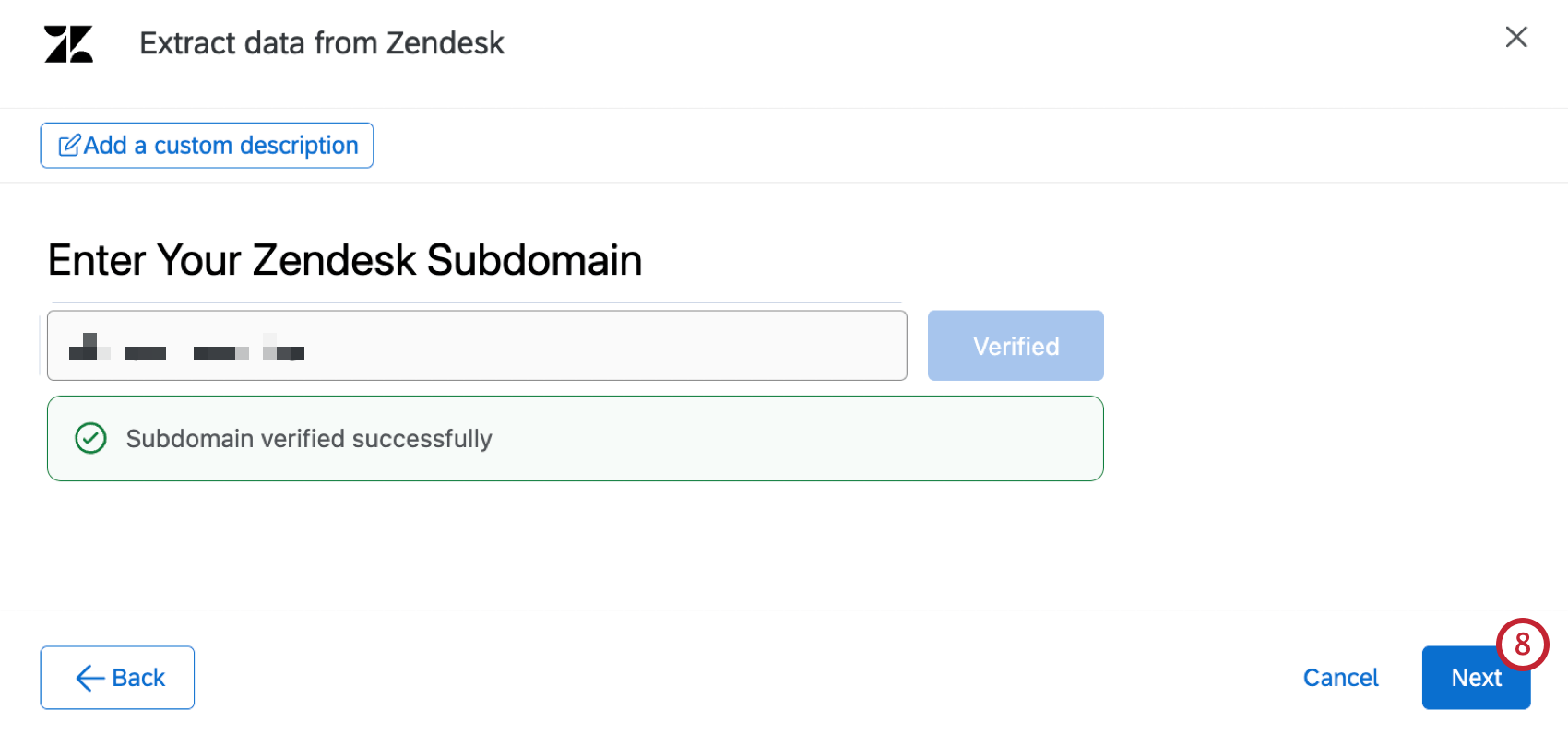a successfully verified subdomain at the top, and the "next" button highlighted in the bottom right