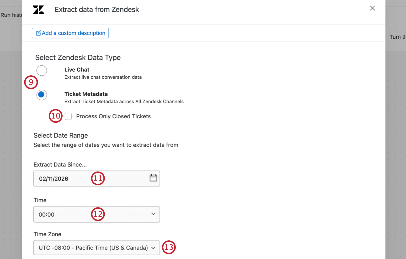 configuration options, including radio buttons to select the data type at the top, and dropdowns to select the date range at the bottom