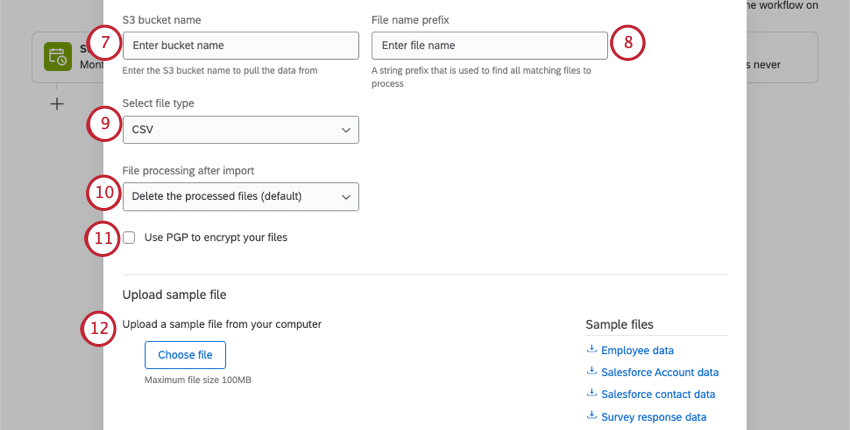 Amazon S3バケットにアップロードするために必要なフィールドが記述されています。これらの設定は、処理されたファイルを削除することを言う