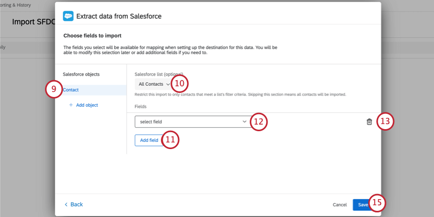 sélection des champs dun objet de contact dans salesforce pour limporter