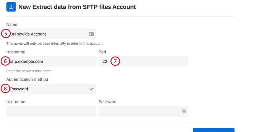 giving the account a name, entering the hostname and port, and choosing an authentication method