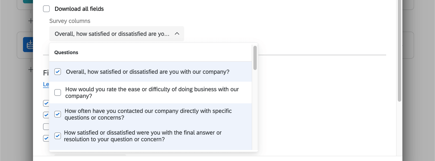 Imagen de un menú desplegable con algunos campos seleccionados y otros no