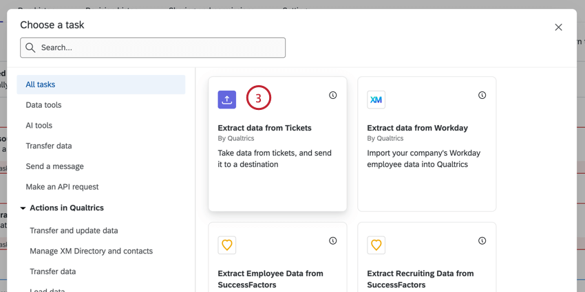 Auswählen der Aufgabe zum Extrahieren von Daten aus Tickets
