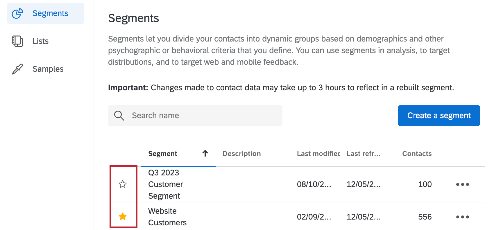 icons to add segments to favorites section within summary tab