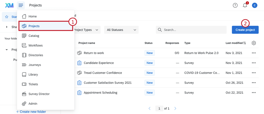 navigate to the projects page by clicking the xm logo and then create new project to build a new survey
