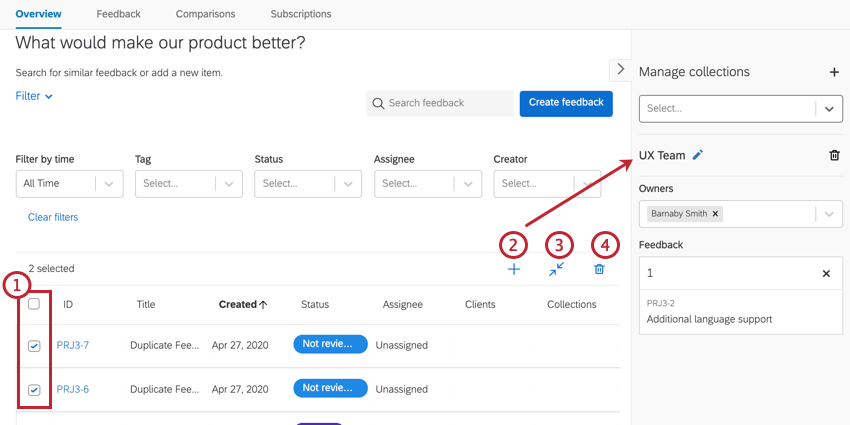 selezionare le richieste di feedback e quindi eseguire unazione dellamministratore