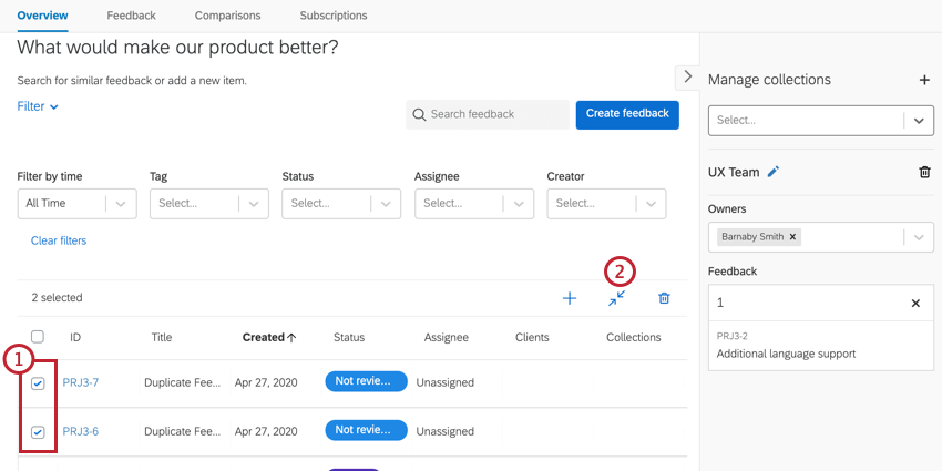 selecionar várias solicitações de feedback e clicar em Mesclar