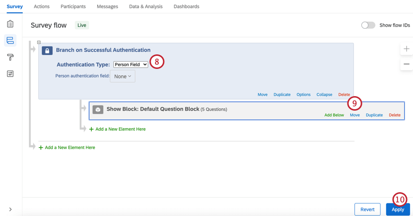 choosing the person field, moving the block under the authenticator, and clicking apply
