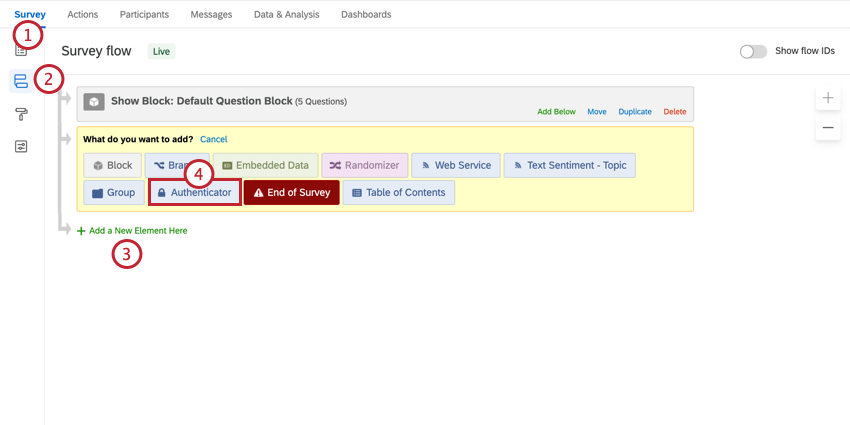 navigating to the survey flow, adding a new element, and selecting authenticator